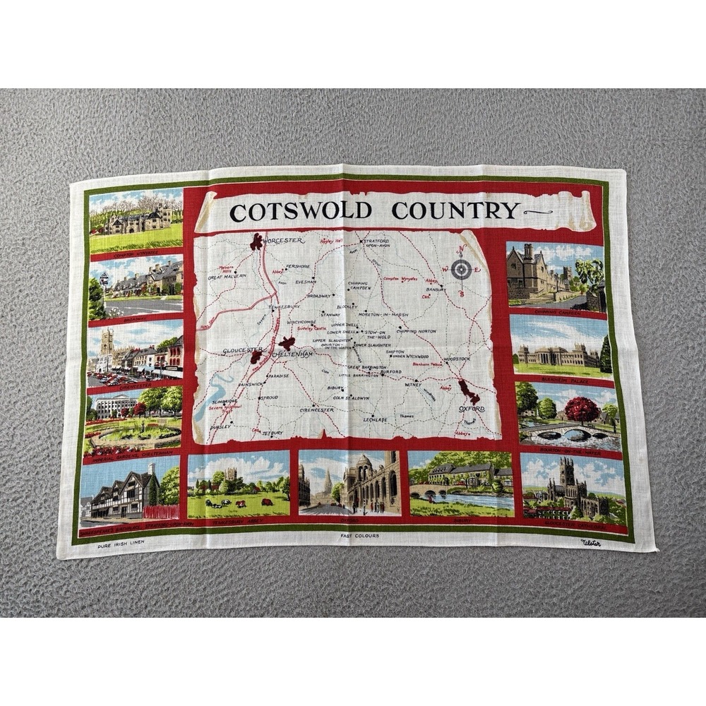 Vintage Ulster Cotswolds Country Kitchen Tea Towel Souvenir Map Crisp Linen MCM